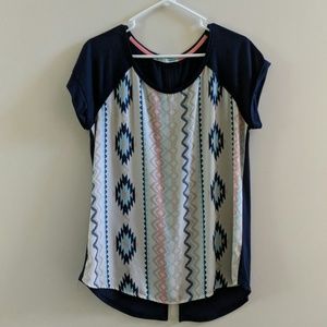 Chiffon front, knit back, high low shirt